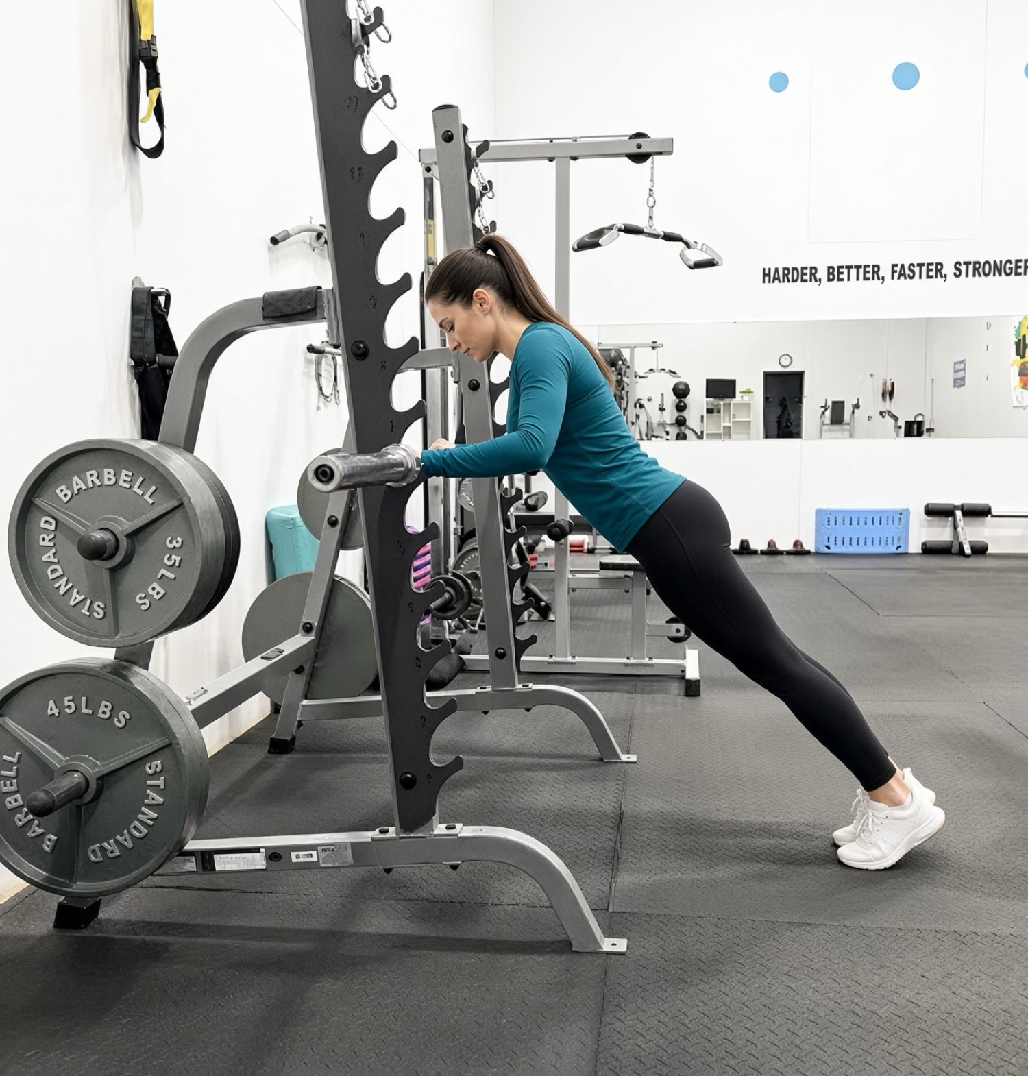 A client holding a plank on the rack in the studio
