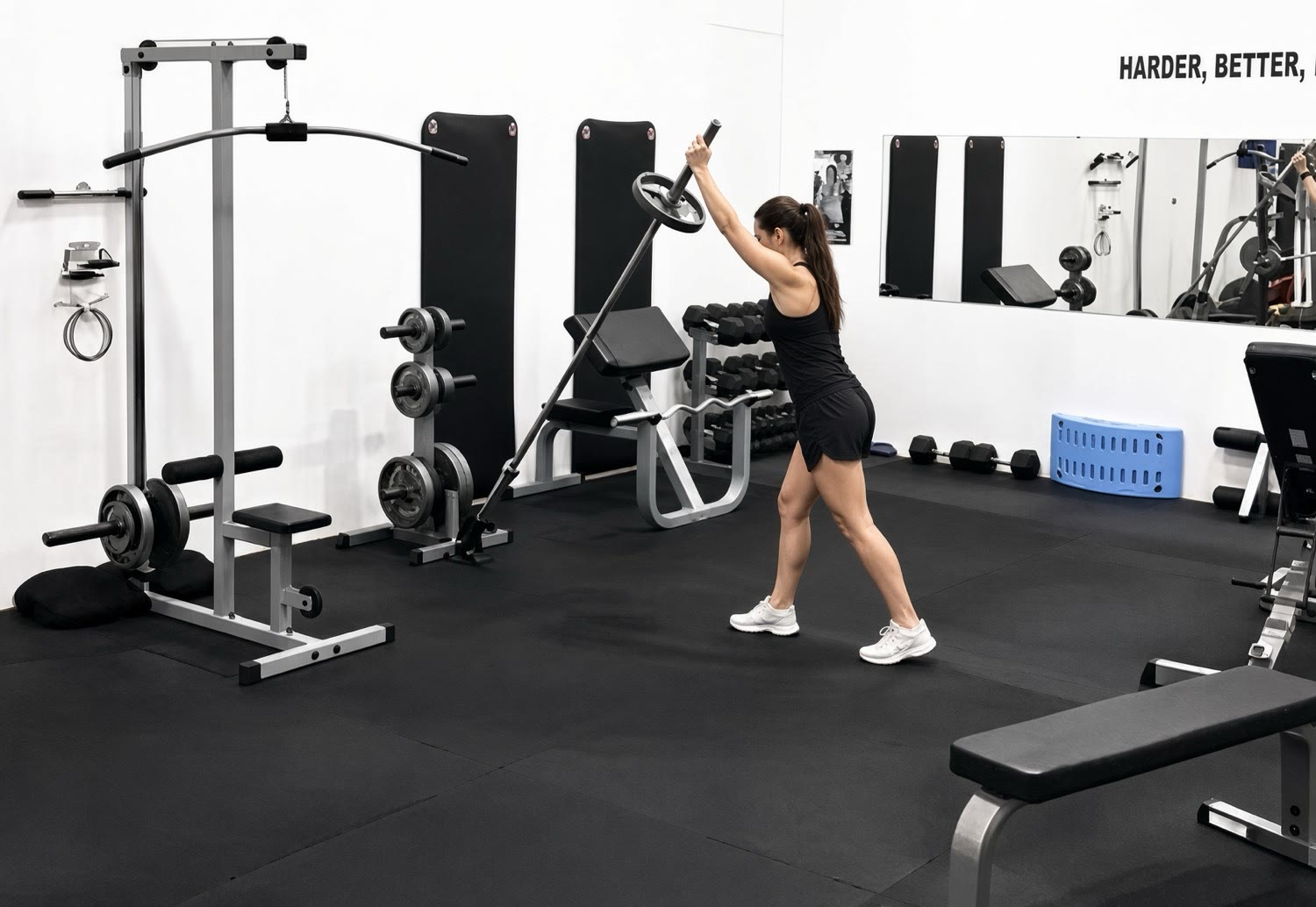 A client pressing a landmine barbell overhead in the studio