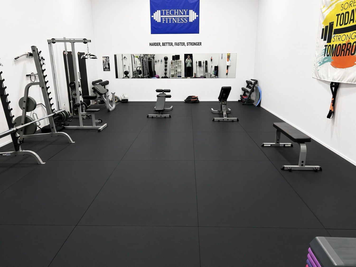 The Techny Fitness studio, looking toward the banner and mirror